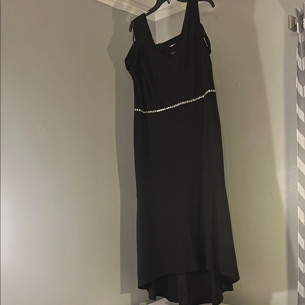 Chic Black High-Low Dress with Embellished Waist